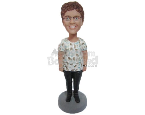 Custom Bobblehead Lovely Smiling Lady In Printed Top With A Wrist Watch - Leisure & Casual Casual Females Personalized Bobblehead & Cake Topper Custom Bobblehead Lovely Smiling Lady In Printed Top With A Wrist Watch - Leisure & Casual Casual Females Personalized Bobblehead & Cake Topper